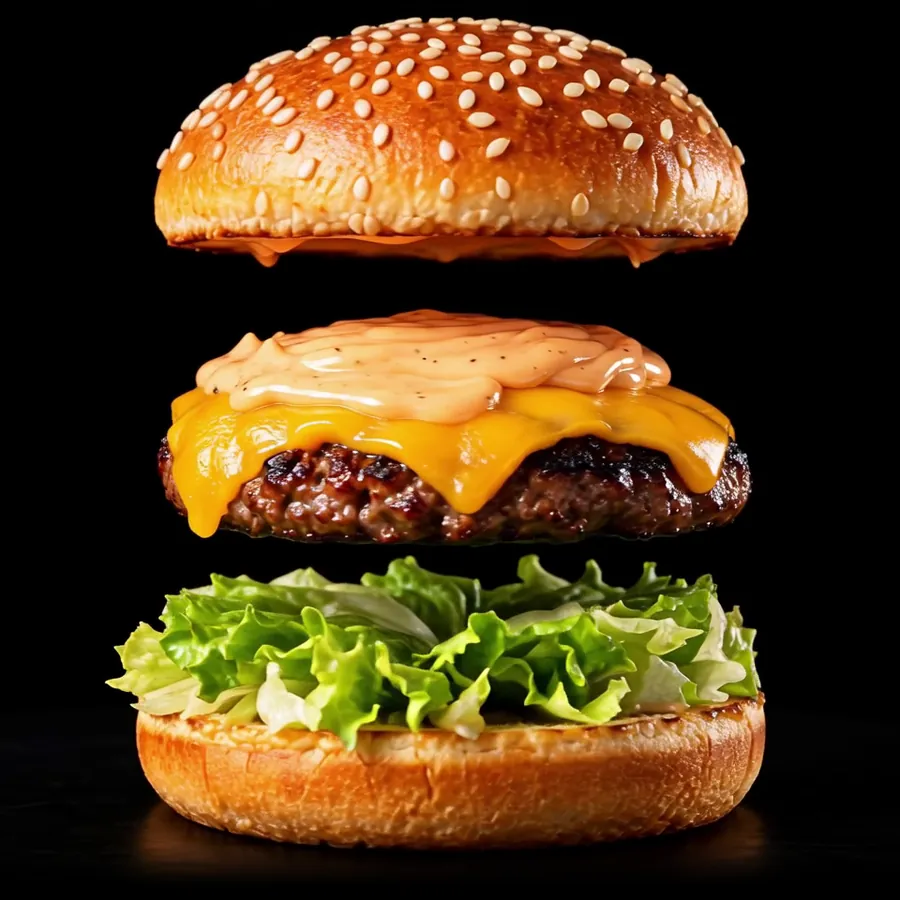 The Neuer Burger, opened up: sesame bun, below it sauce and cheddar on the patty, below that lettuce on the bottom bun