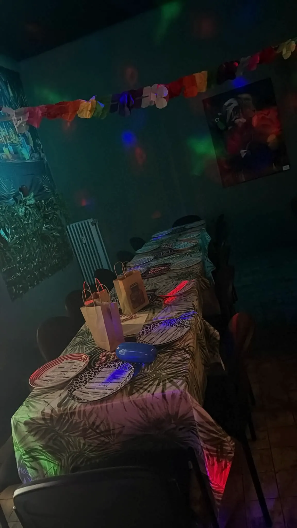 The decorated birthday table in the dining room: garlands, party bags, colourful plates in coloured light